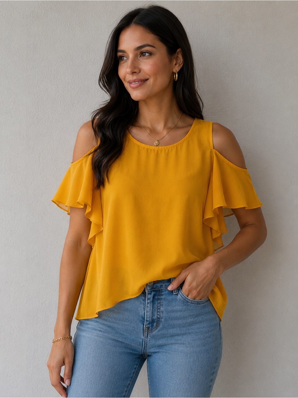 Lush Mustard Cold-Shoulder Ruffle Top